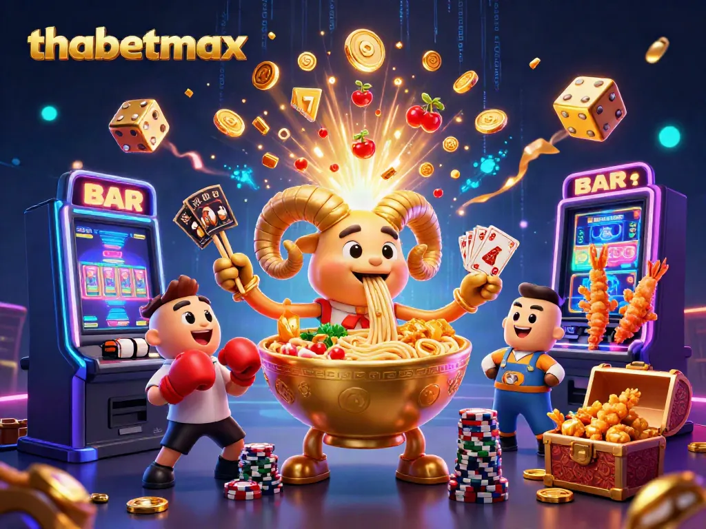 Experience the excitement of thabetmax with 3D cartoon characters in a vibrant casino scene filled with games and bonuses.