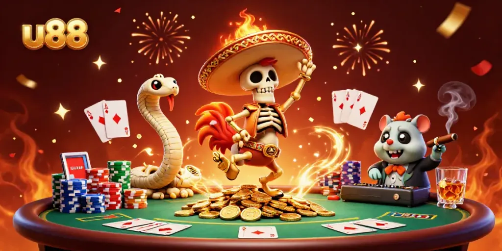 Experience the excitement of u88 with a vibrant 3D illustration of a jubilant skeleton mariachi and friends at a poker table.