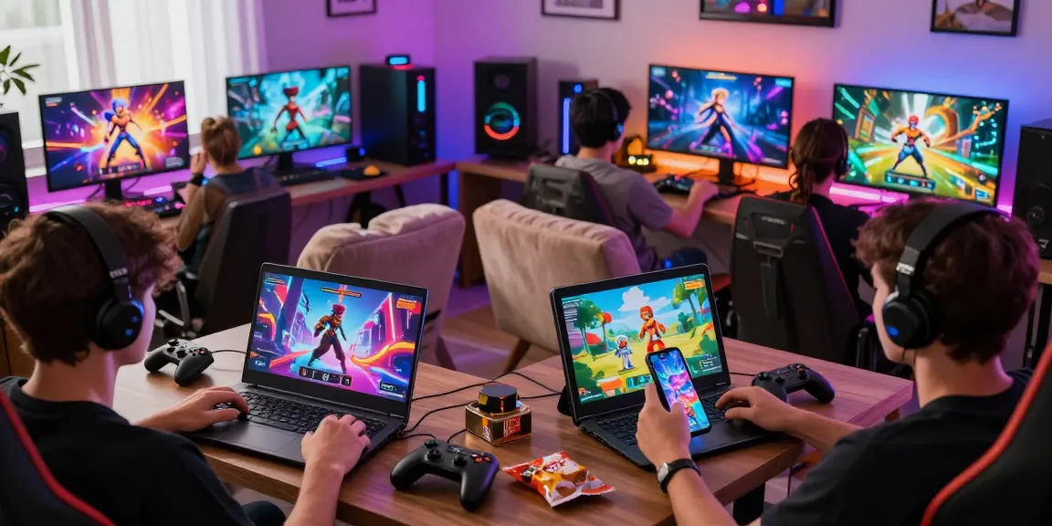 Enthusiastic players enjoying a variety of porno game experiences on multiple devices in a vibrant gaming environment.