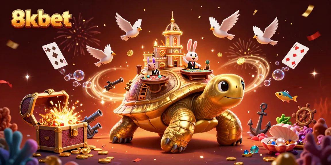 Engage in thrilling games at 8xbet with a vibrant scene of a golden tortoise casino