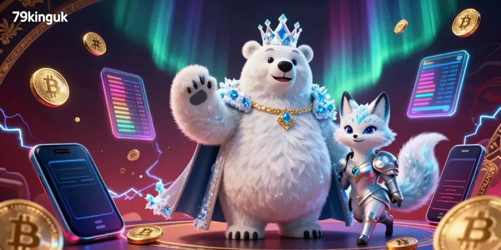 Engage with the vibrant 79kinguk casino scene showcasing an ice king polar bear, crypto elements, and aurora energy.