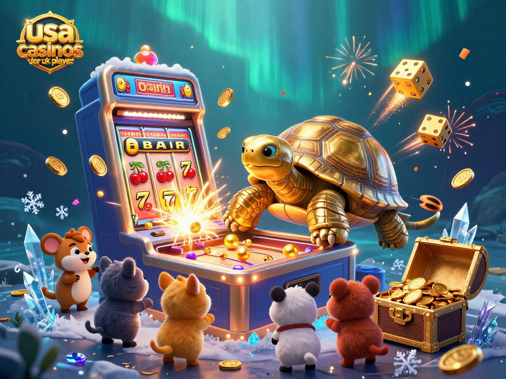 Exciting gameplay at usa casinos for uk players with slot machines, golden tortoise, and vibrant casino elements.