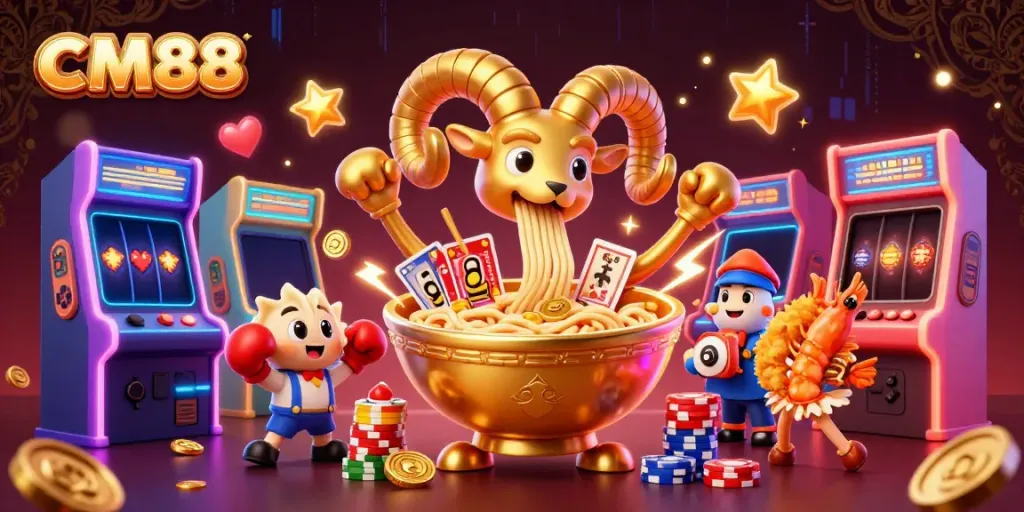 CM88 entertains players with a vibrant casino scene featuring a golden ramen bowl dealer and cheerful sushi roll