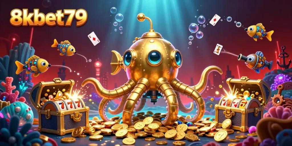 Engage in thrilling gameplay at 8xbet79 with the underwater golden kraken and dynamic slot elements.