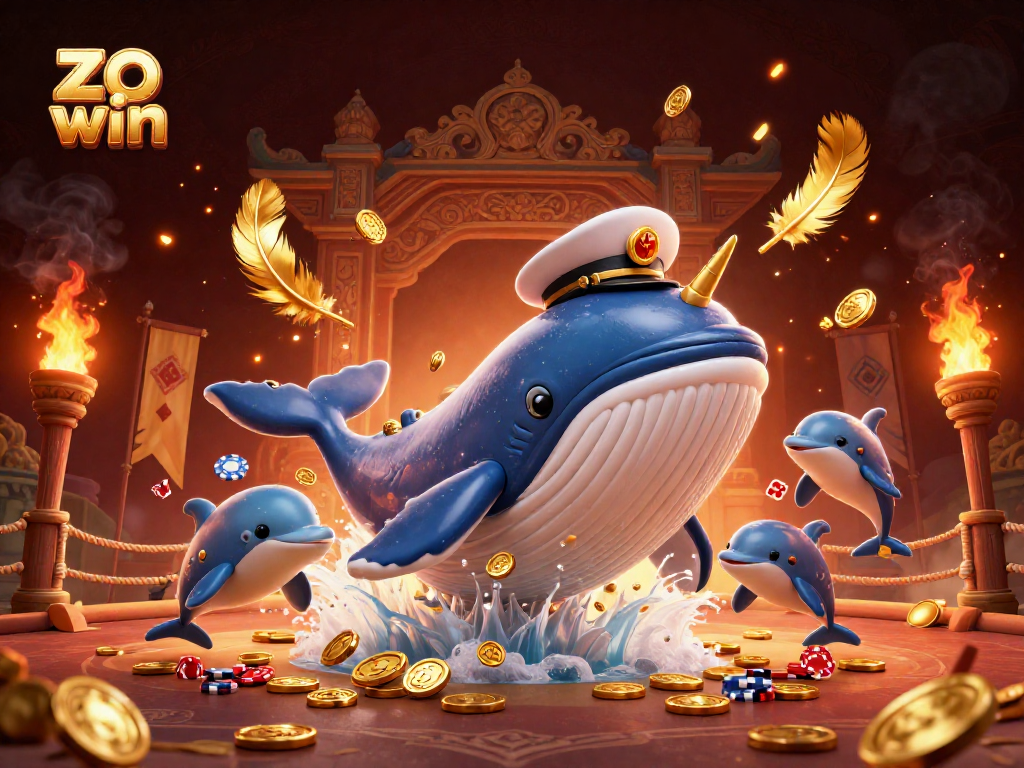 Engage with the zo win gaming experience in a vibrant 3D illustration featuring a whale amidst coins.