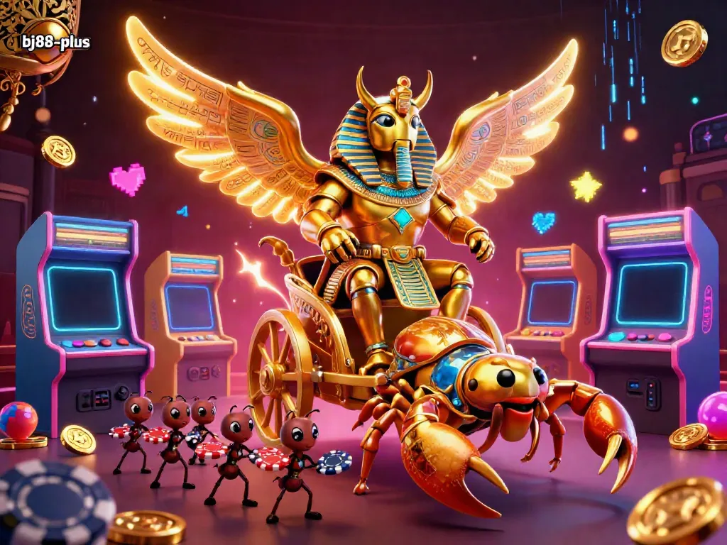 Engage in thrilling gameplay at bj88-plus with a vibrant, colorful illustration of online casino elements.