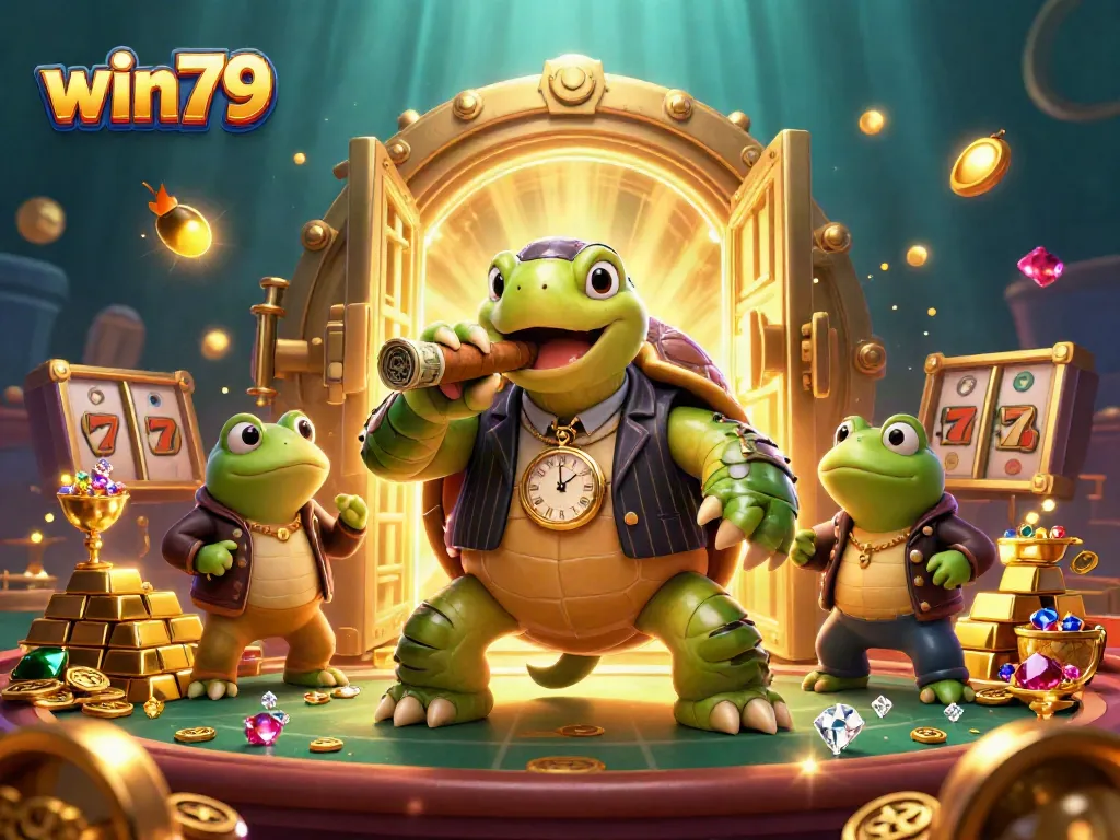 Win79 gaming illustration featuring a turtle in a pinstripe suit and frogs with slot machines.