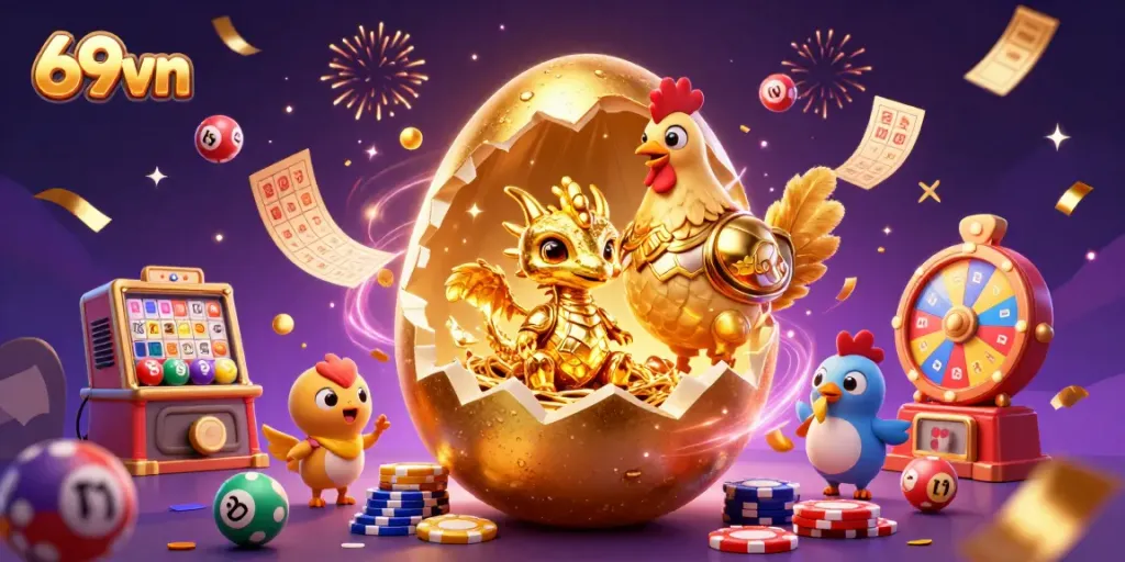 Experience thrilling wins at 69vn with an energetic illustration featuring a golden dragon and poker-themed elements.