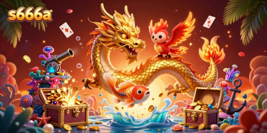Win big with s666a featuring a dragon, phoenix, and koi fish amidst dynamic casino elements.