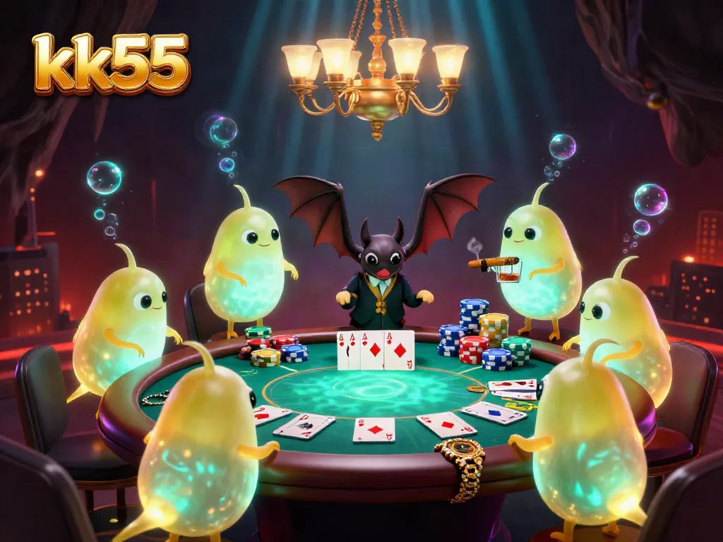 Enter the dazzling world of kk55, featuring vivid glowworms illuminating a vibrant cave casino scene with poker action.