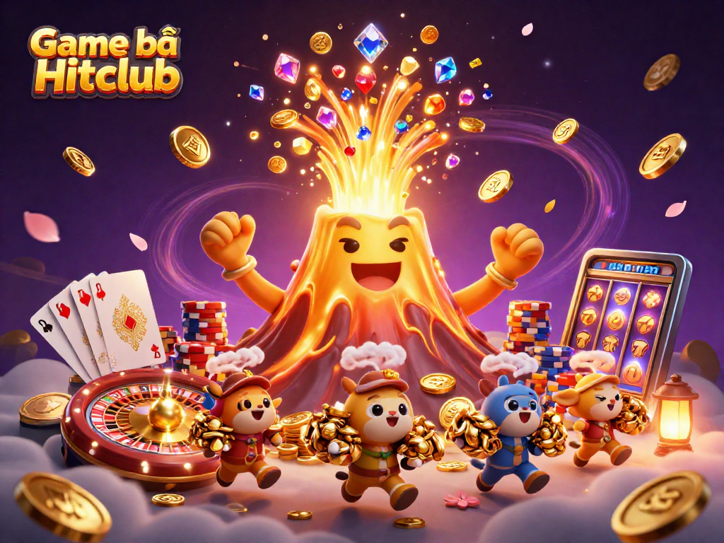 Experience the thrill of Game bài Hitclub with a golden volcano erupting treasures while tiny explorers gather their rewards.