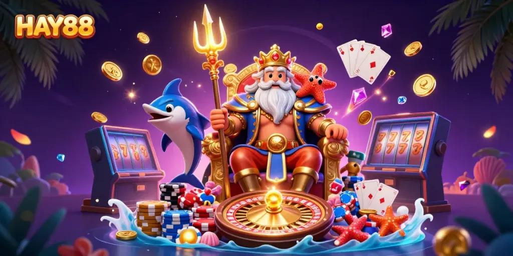 Experience the magical world of HAY88 with sea king Neptune and casino elements like coins and roulette.