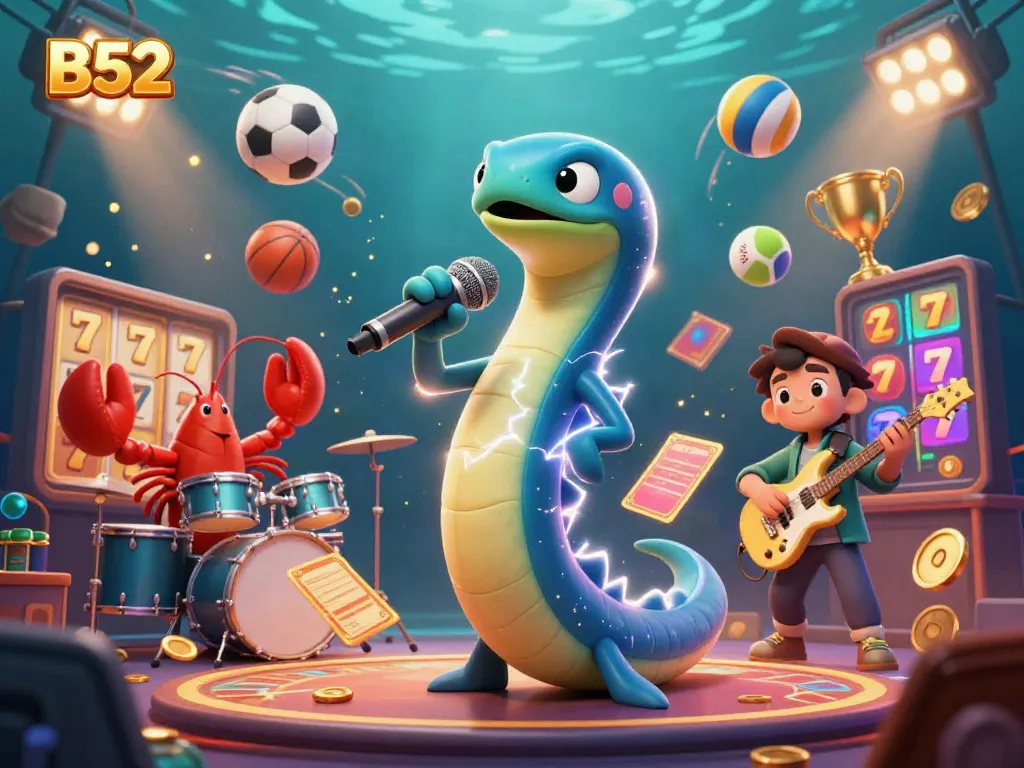 Experience the thrill of the underwater casino with B52's electric eel DJ and vibrant gambling elements.