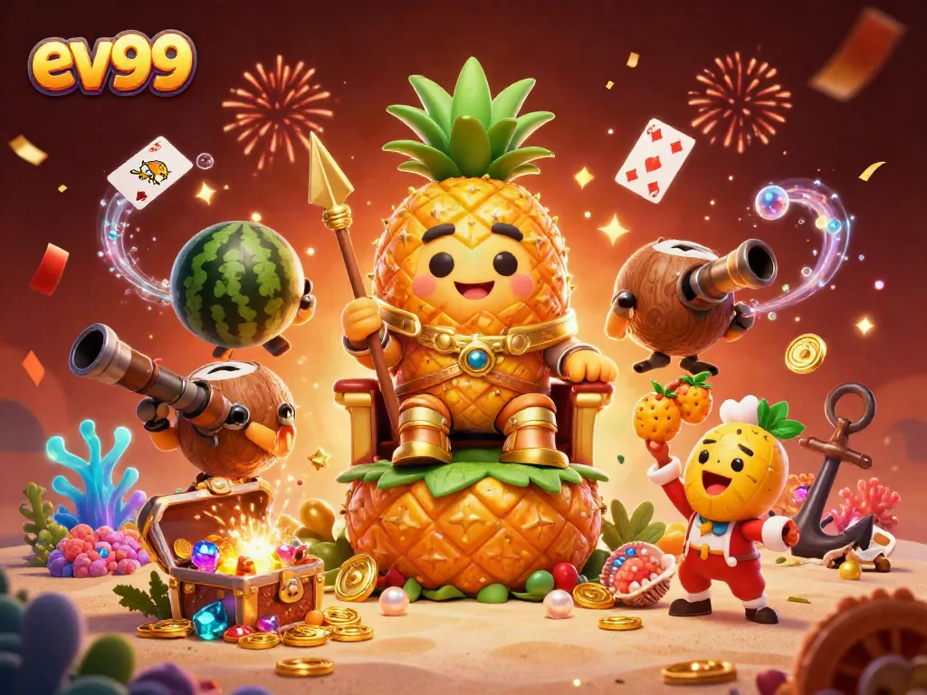 Experience the vibrant casino atmosphere of ev99 with the golden pineapple king and tropical characters.