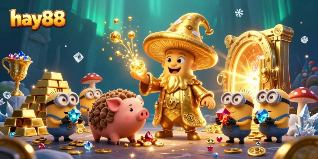 Experience the magic of hay88 with a golden mushroom wizard and treasures in this rich 3D illustration.