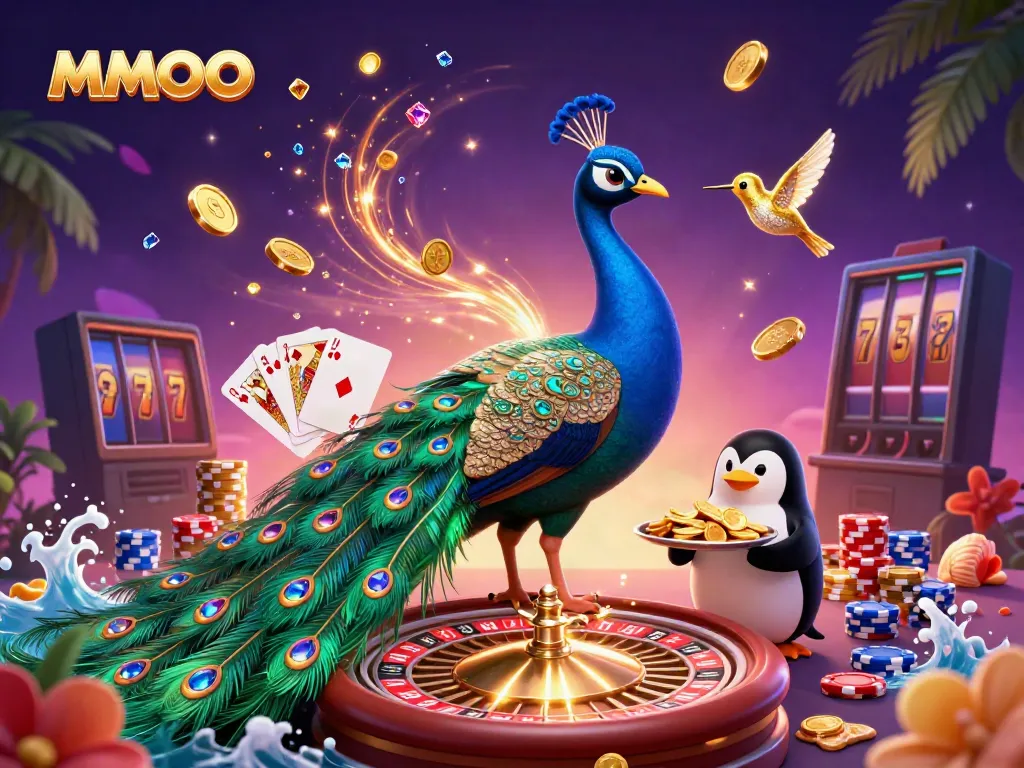 Experience the colorful world of MMOO with vibrant games, golden chips, and a peacock in a casino setting.