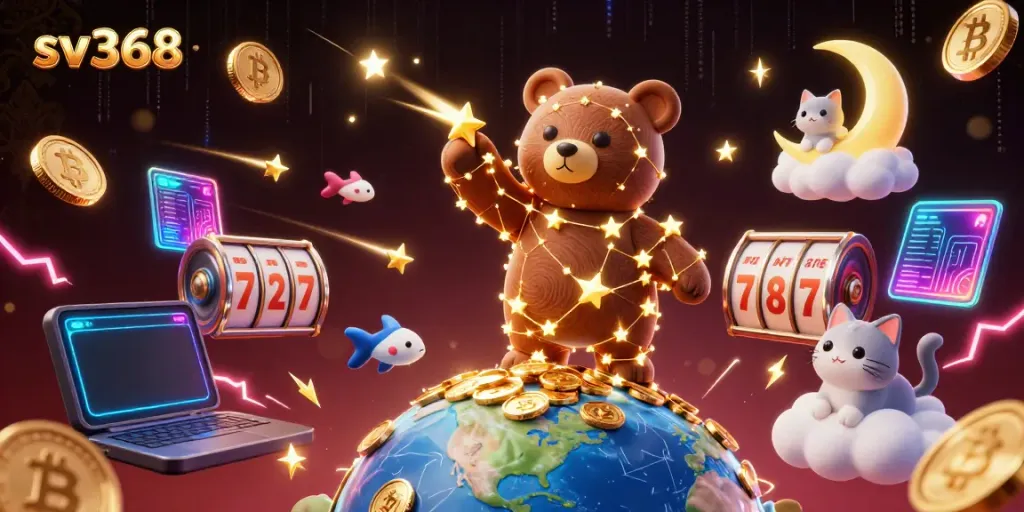 Engage with sv368's thrilling slots and crypto features illustrated in a vibrant 3D scene.