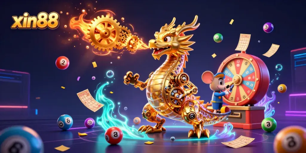 Experience excitement at xin88 with a golden dragon and lottery elements in this vibrant 3D casino illustration.