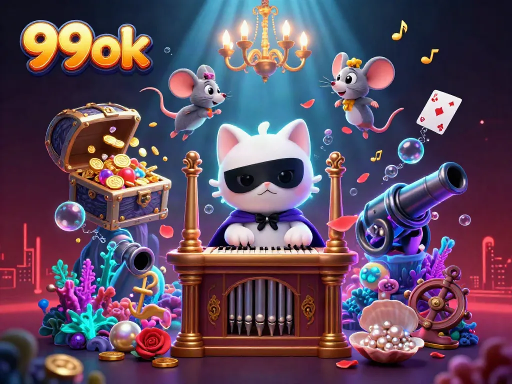 Experience the dynamic world of 99ok with a vibrant casino-themed 3D illustration featuring captivating characters and elements.