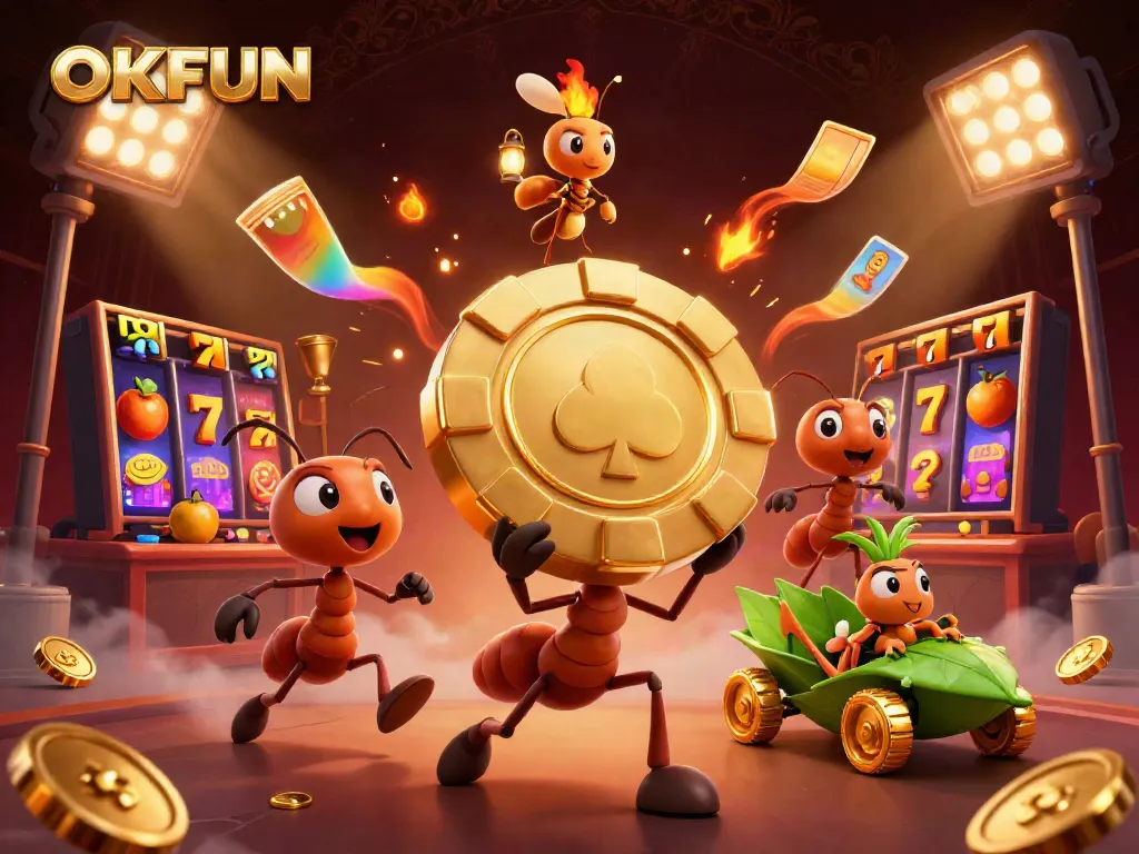 Experience the action at OKFUN with a whimsical heist scene featuring ants and vibrant casino elements.