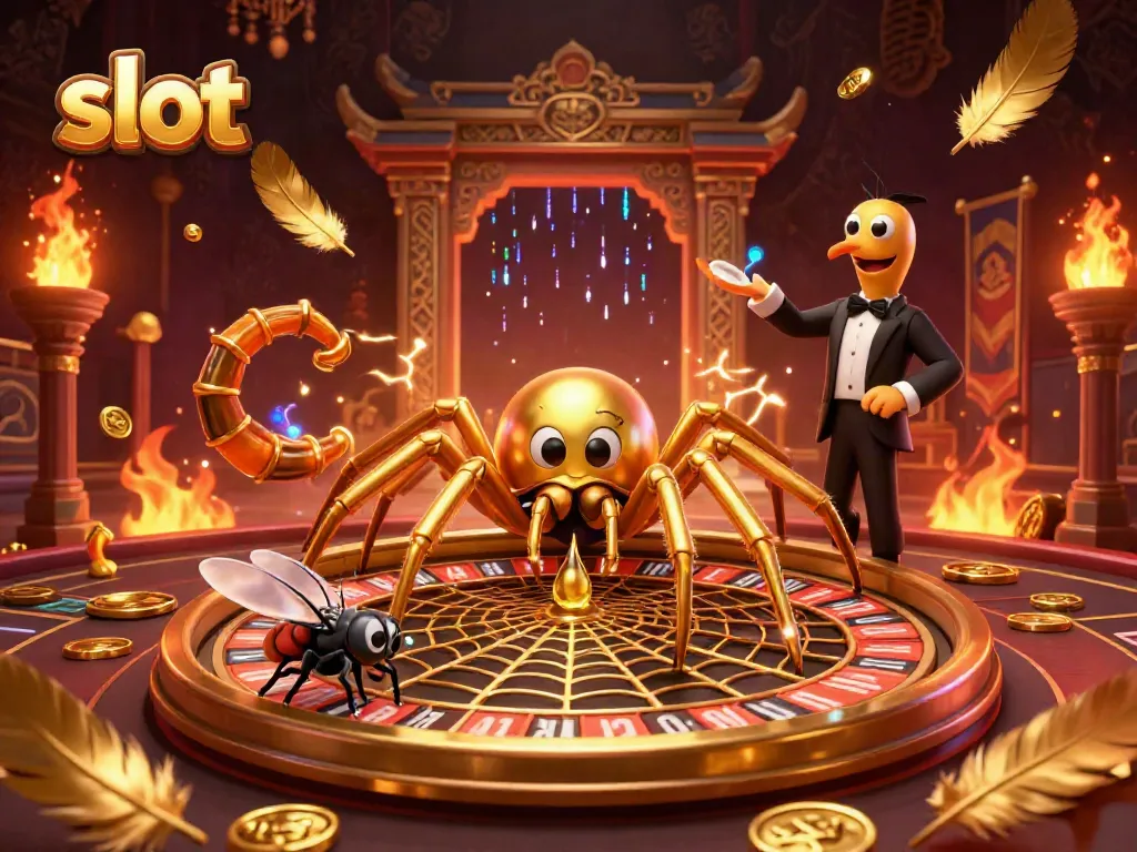 Engage with exhilarating slot action featuring a golden spider spinning a roulette wheel web and a centipede croupier in a vibrant casino.