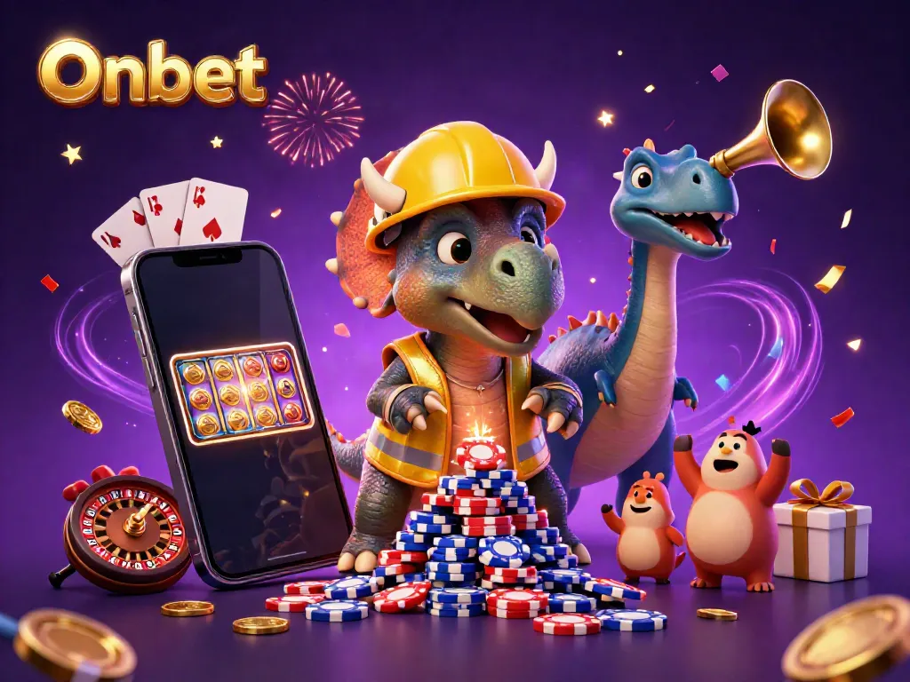Experience Onbet with cartoon dinosaurs gambling and celebrating amidst vibrant casino elements.