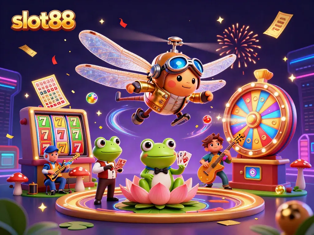 Engage with slot88's vibrant 3D casino scene featuring dynamic slot reels and a lively croupier.