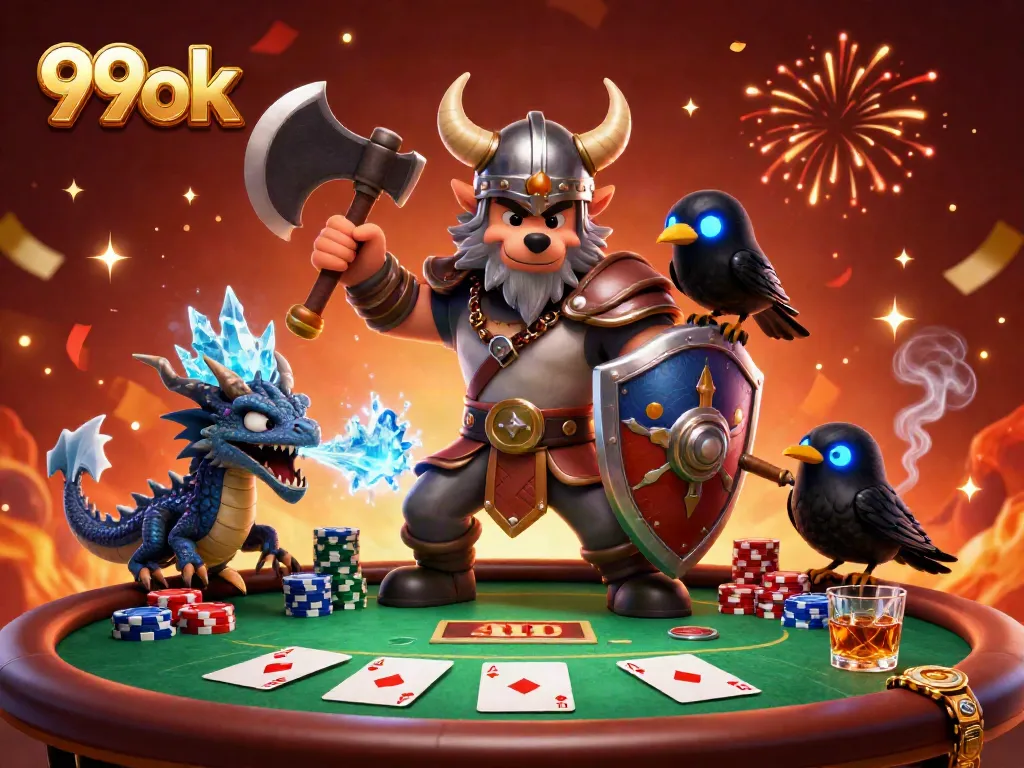 Engage with 99ok's vibrant casino scene featuring cartoon characters and poker elements.
