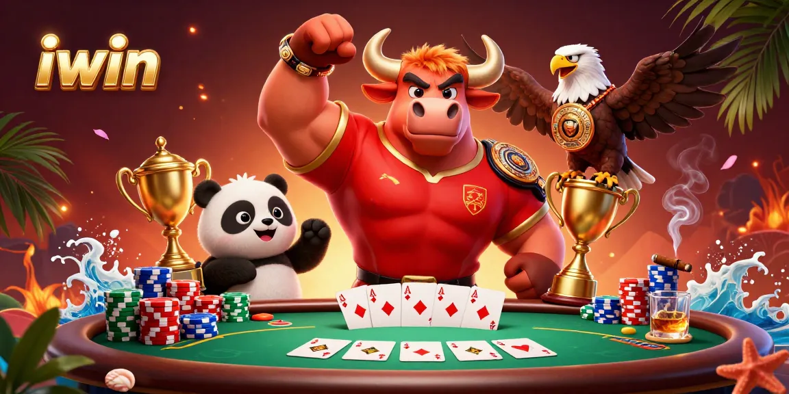 iwin showcases a vibrant poker scene with a muscular bull mascot celebrating, featuring poker elements and a cheerful panda.