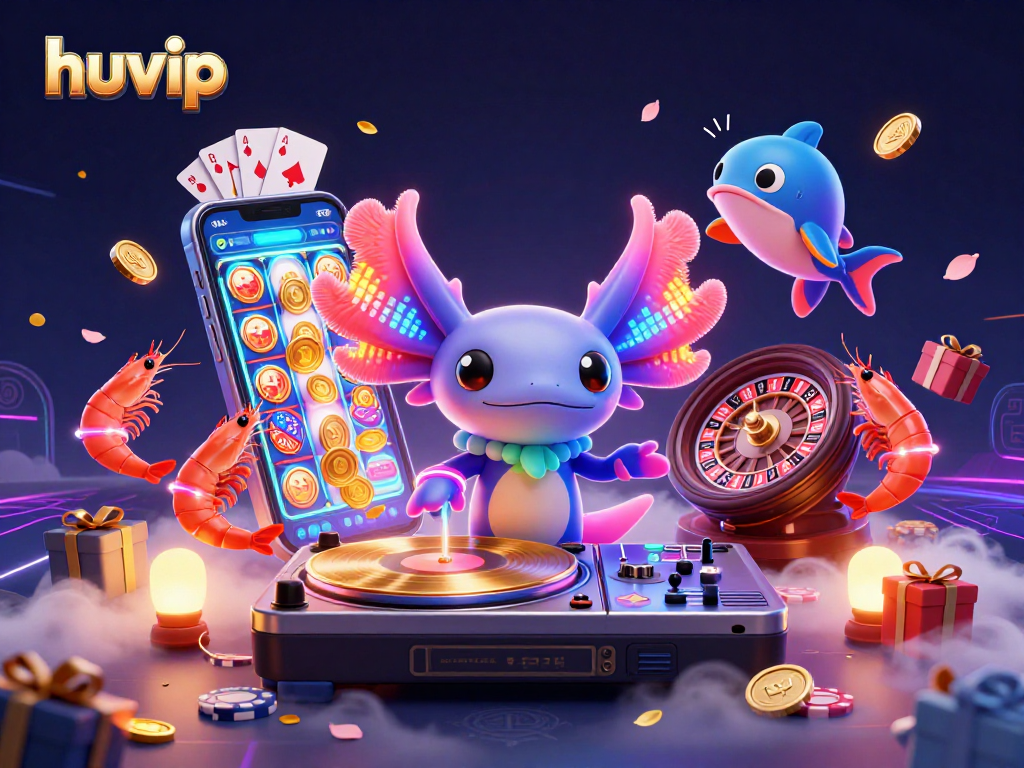Engage with huvip through vibrant gaming dynamics with neon characters and casino elements.