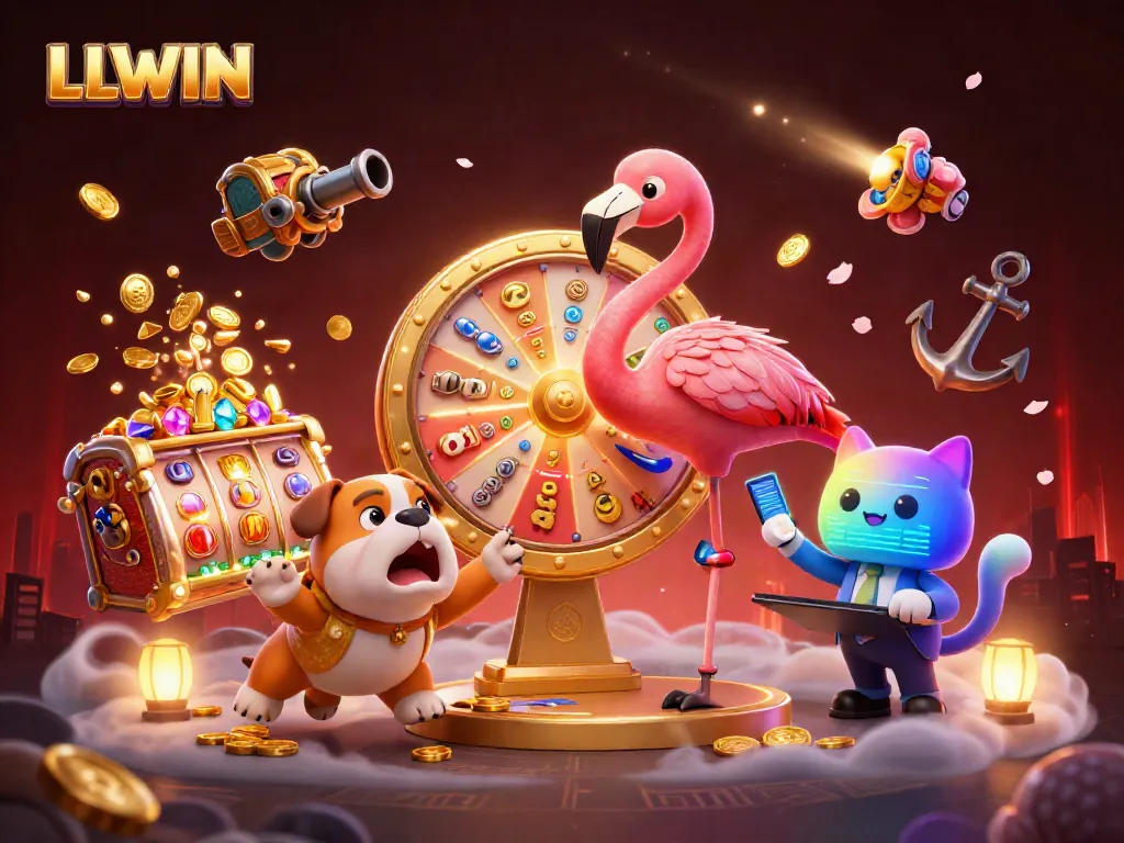 LLWIN showcases a vibrant scene with a flamingo game show host, bulldog contestant, and prizes, representing online casino excitement.
