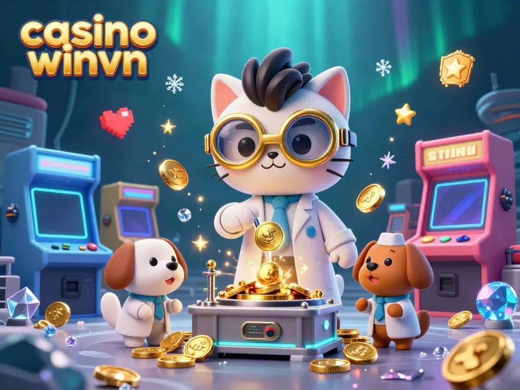 Experience casino winvn with a lively scene featuring mad scientist characters creating gold, surrounded by vibrant gaming elements.
