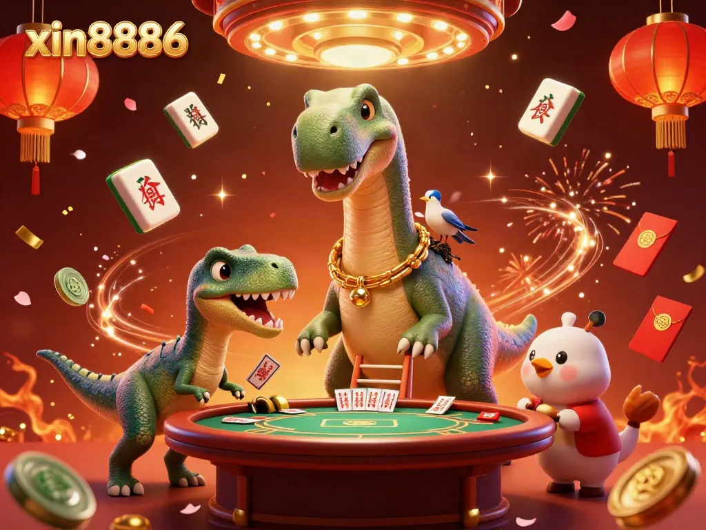 Engage in exciting casino action with xin8886 in a vibrant 3D illustration featuring playful characters and dynamic décor.