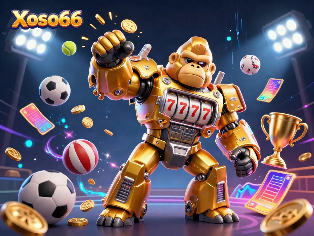 Xoso66 showcases dynamic energy with a golden gorilla mech and sports elements in a thrilling casino scene.