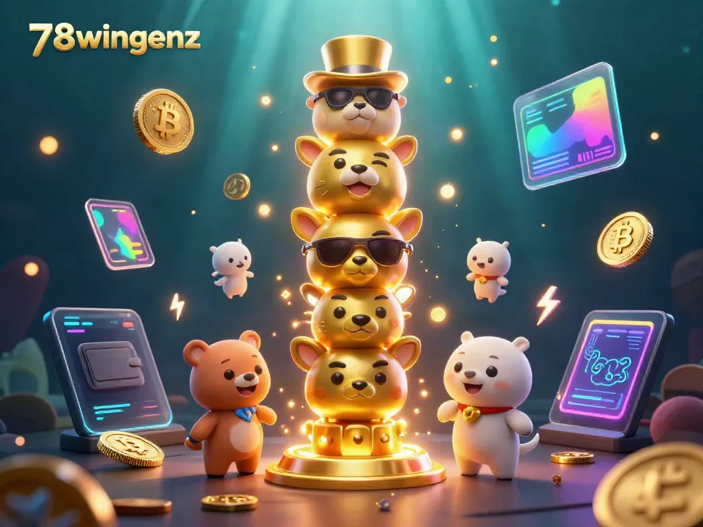 Engage with 78wingenz's vibrant casino experience amidst animated crypto elements and a totem pole character.