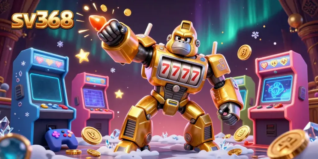 Engage with sv368's vibrant 3D illustration featuring a golden gorilla mech amidst dynamic gaming elements and sparkling effects.