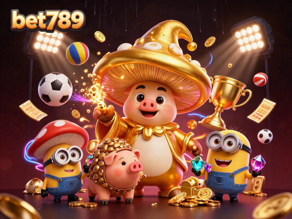 Bet789 showcases a magical scene with a golden mushroom wizard and treasure-seeking creatures amidst dynamic sports elements.