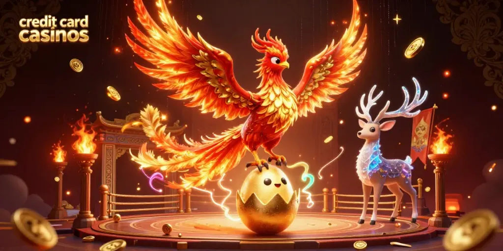 Engage with thrilling gameplay at credit card deposit casinos, featuring vibrant phoenixes and mystical elements.