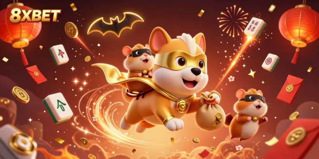 Engage in thrilling gameplay at 8XBET with an exciting 3D illustration featuring a superhero dog carrying coins amidst festive elements.