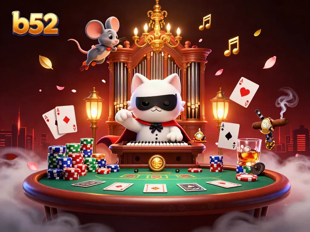 b52 champions strategizing at a lively poker table in a vibrant casino scene