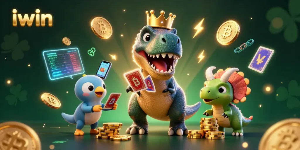 iwin engages players in a vibrant 3D scene of cartoon dinosaurs enjoying crypto-themed gambling.