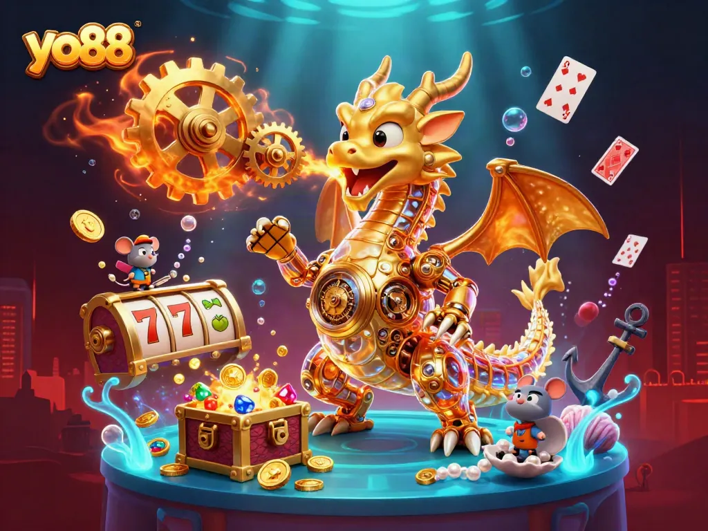 Experience exciting gameplay at yo88 with a vivid golden dragon amidst sparkling casino elements.