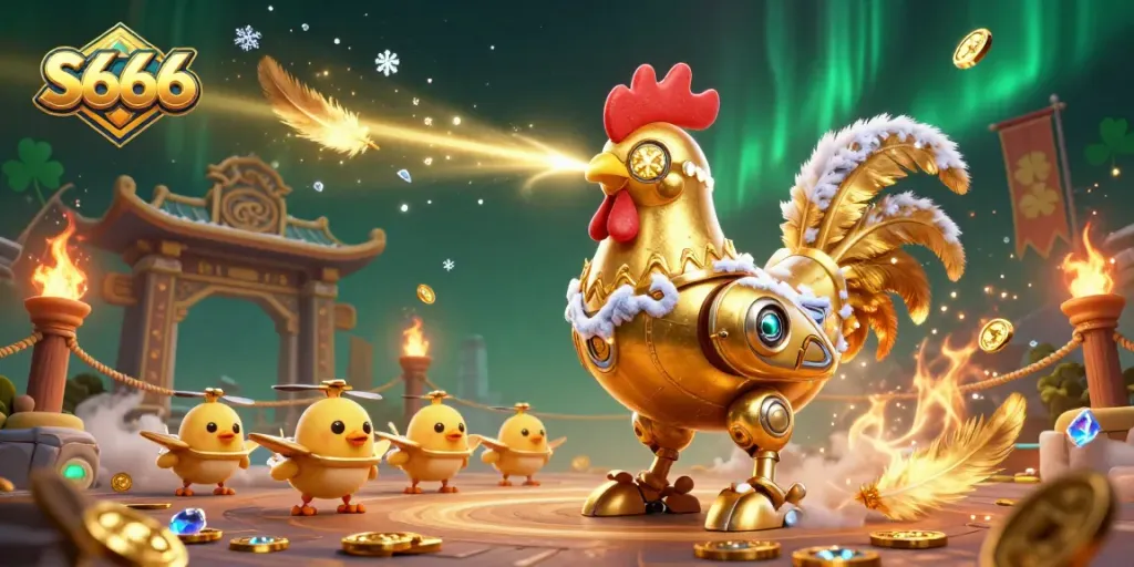 S666 engages players with vibrant golden rooster robot in a dynamic betting atmosphere surrounded by coins and tokens.