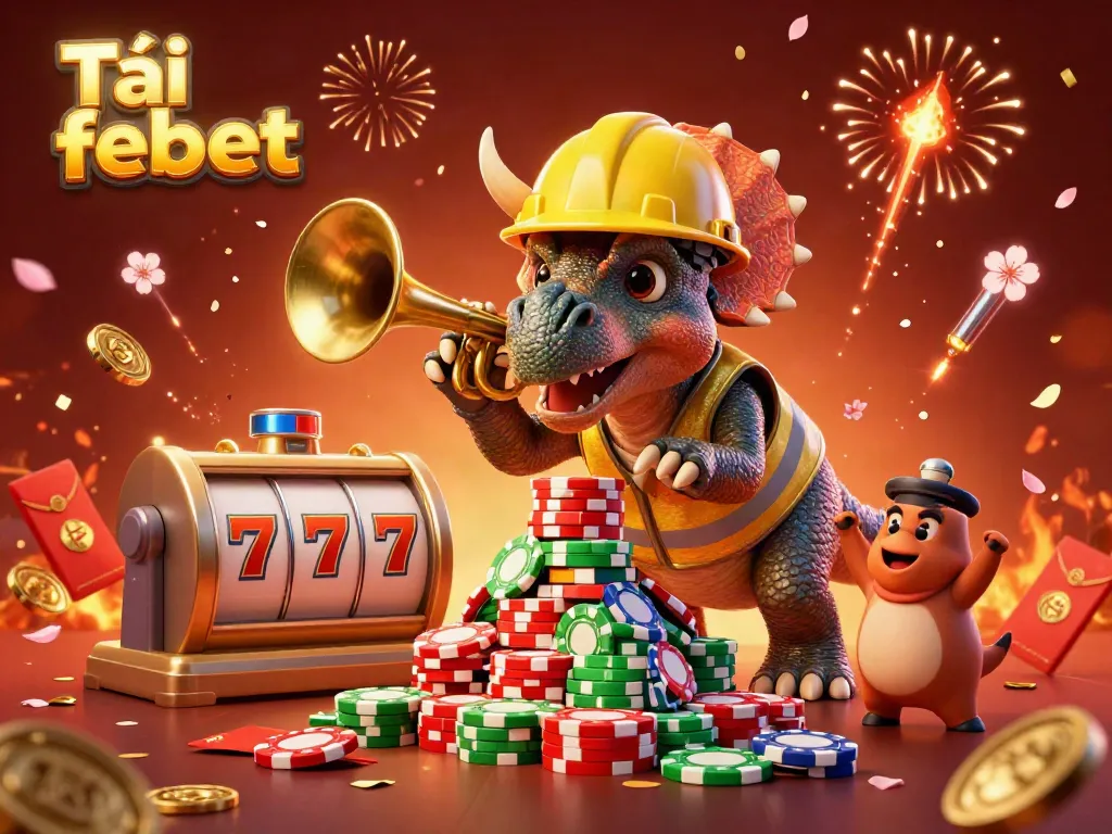 Tải febet with a colorful and energetic 3D casino illustration featuring animated dinosaurs celebrating a poker chip build.