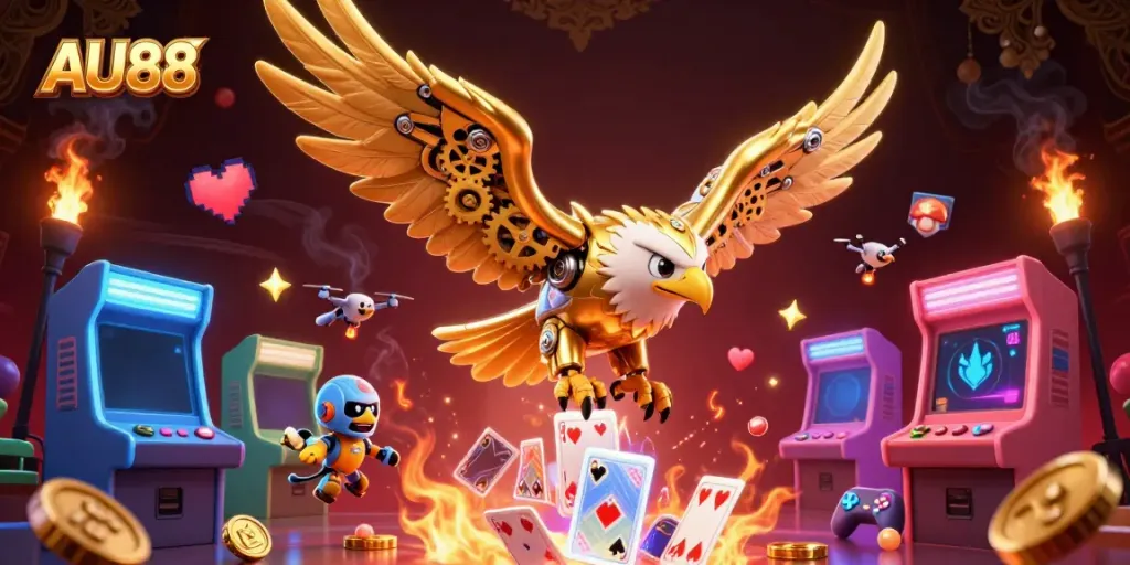 Experience the thrill of AU88 in an ultra-detailed 3D illustration showcasing vibrant casino game elements.