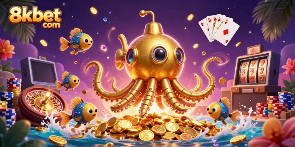 Experience thrilling gameplay at 8xbet com with golden kraken submarine illustration amidst casino elements.