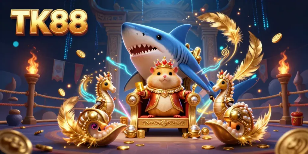 Join the exciting action at TK88 with a fierce hamster king and royal guards surrounded by dynamic casino elements.