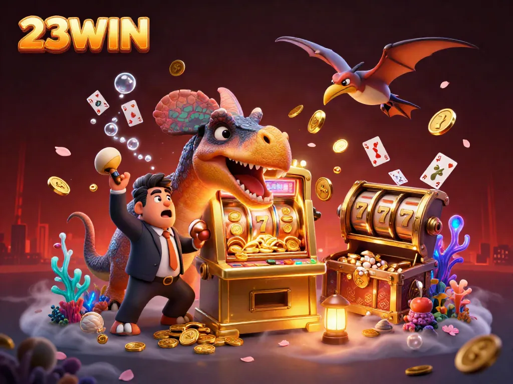 Experience the thrill of 23WIN with a pachycephalosaurus celebrating jackpot wins amid stunning casino elements.